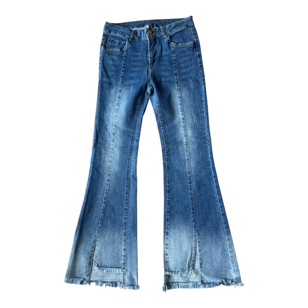 Retro High Rise Center Seam flare fringed blue Jeans size 27" waist